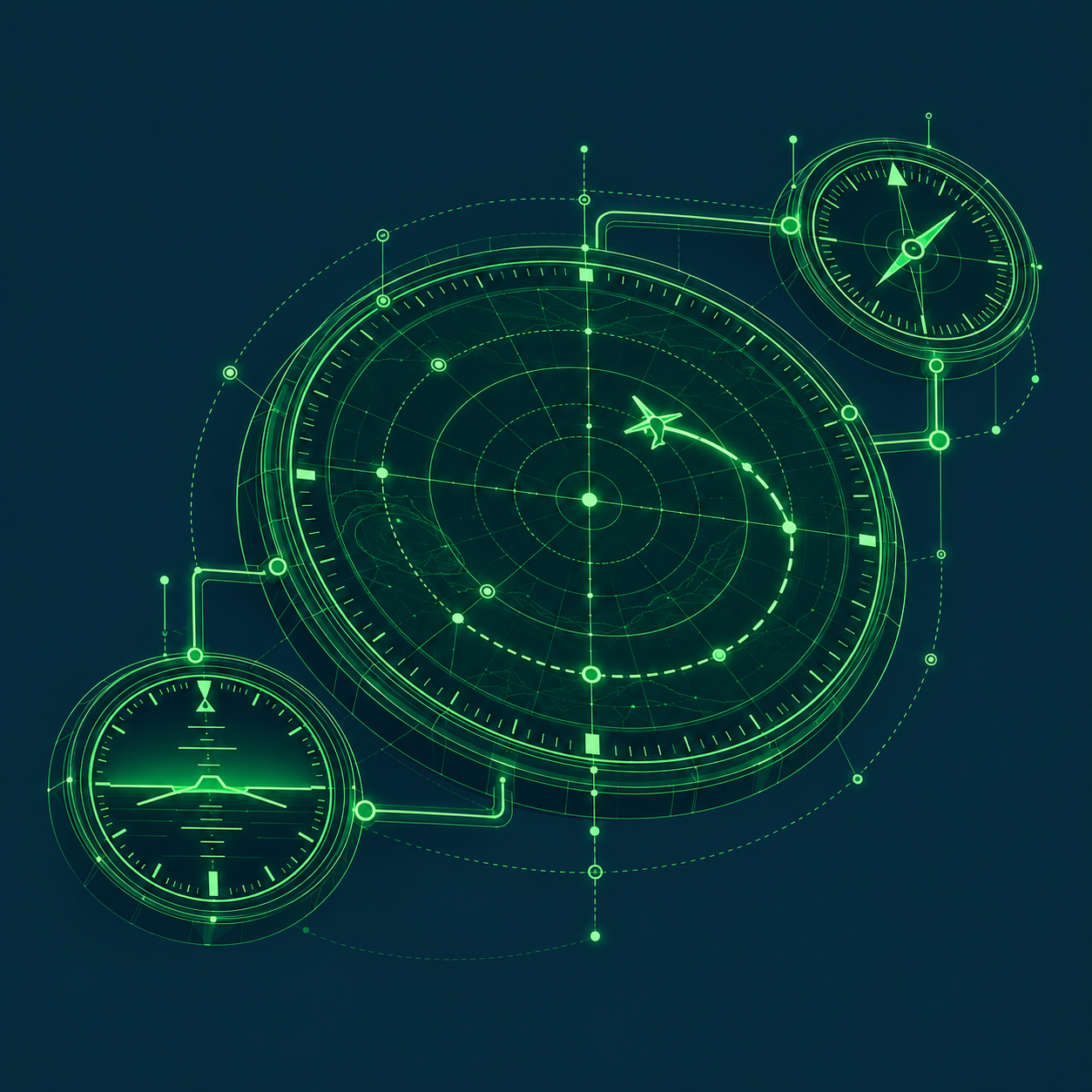 Fine green aviation instruments connected by routed paths: a large radar dial with an aircraft and flight trajectory, linked to two smaller dials.